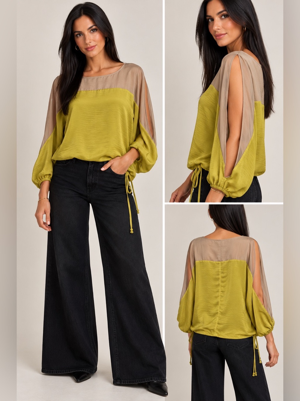 BCBGMAXAZRIA Citrus (lemon lime) Split Long Sleeve Tie Tunic Blouse S